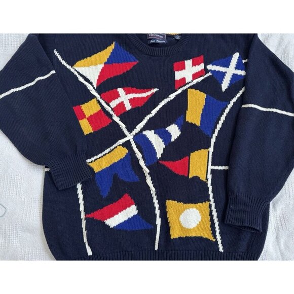 Hathaway Hand Intarsia Sweater Mens L Navy Golf Flags Vintage Cotton Grandpa 46” - Picture 5 of 7